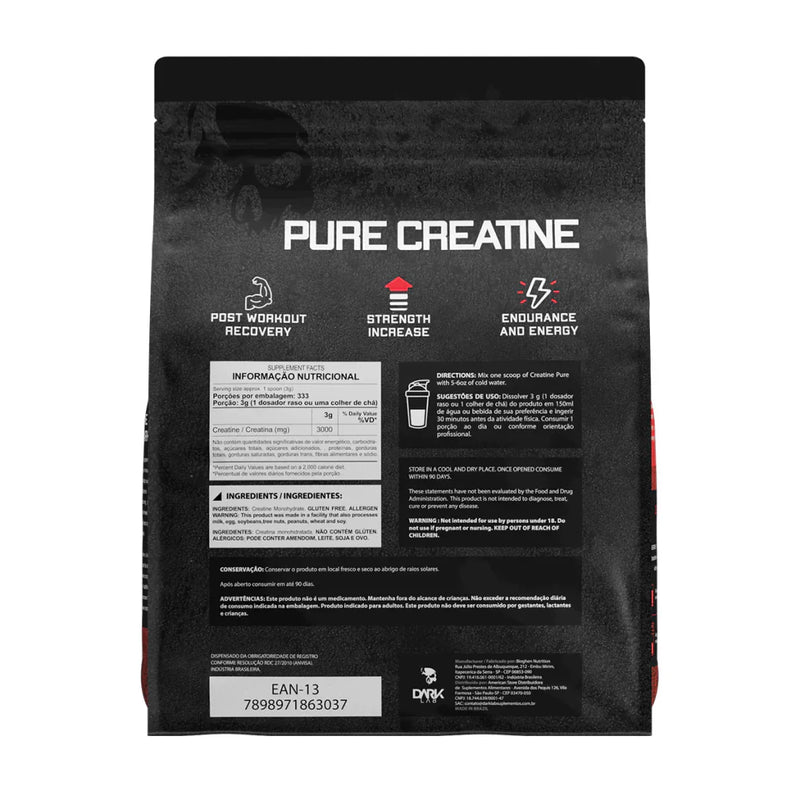Kit Creatina Pura 1Kg + 100% Whey 900g Refil + Coqueteleira Preta 700ml - Dark Lab