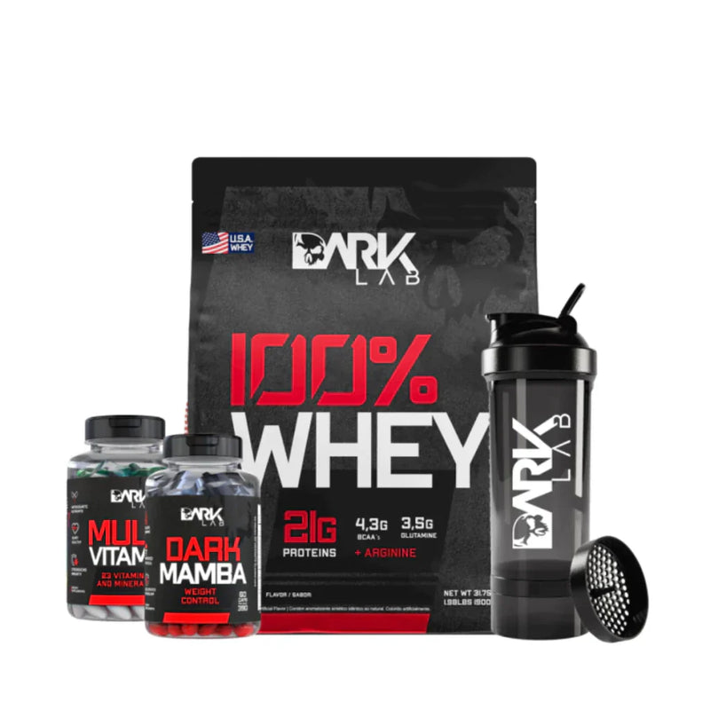 Whey 100% Refil 900g + Dark Mamba 60 Capsulas + Multivitamin 60 Tablets + Coqueteleira Premium 700ml Dark Lab