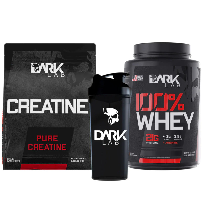 Kit Creatina Pura 1Kg + 100% Whey 900g Refil + Coqueteleira Preta 700ml - Dark Lab