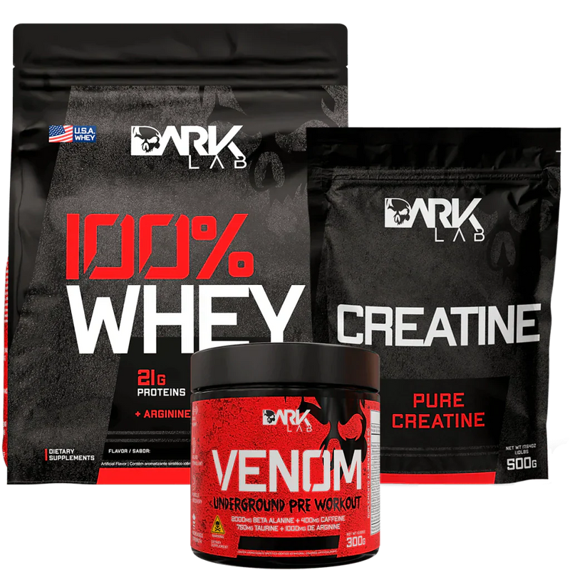 Creatina Pura Refil 500g + Whey 100% 900g Refil + Venom Pré Workout 300g Dark Lab